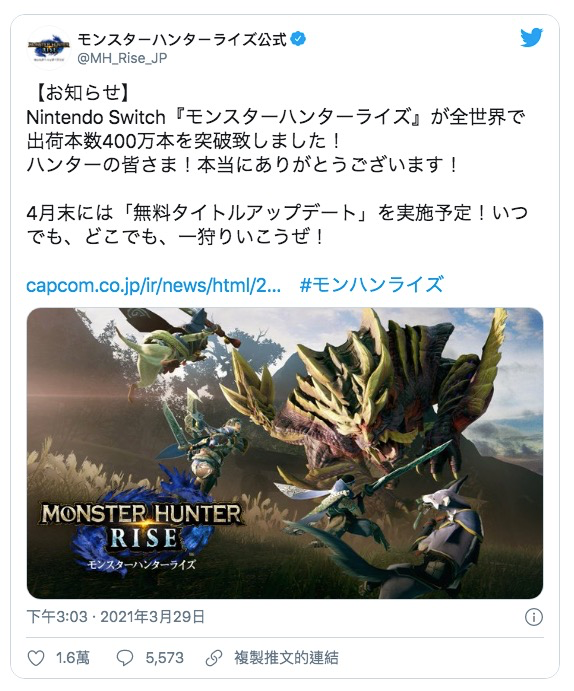 《怪物獵人：崛起》Switch 版上市三天世界出貨量突破400 萬套