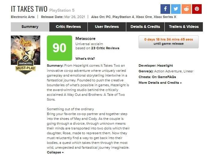 《雙人成行》媒體評分解禁 PS5版MC均分高達90