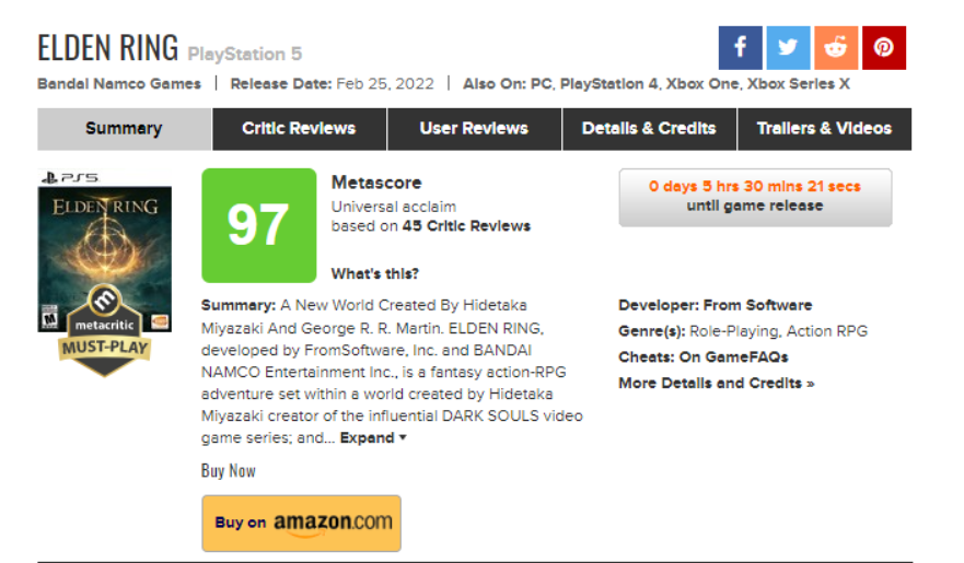 《艾爾登法環》獲媒體一致好評，M站媒體綜合評分97