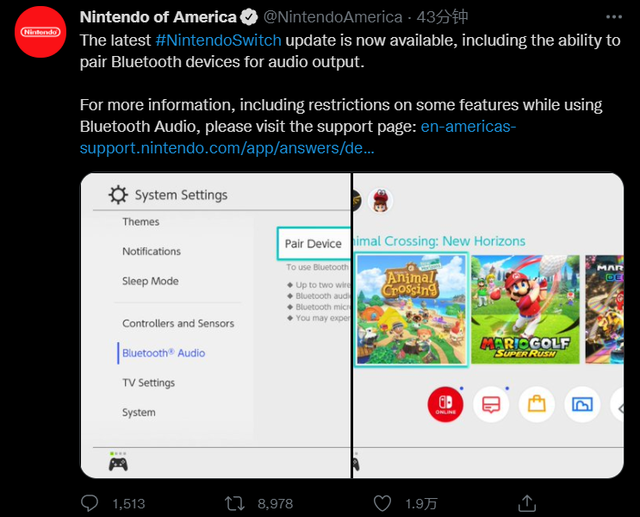 任天堂 Switch 已重磅支持藍牙音頻，可直連藍牙耳機使用