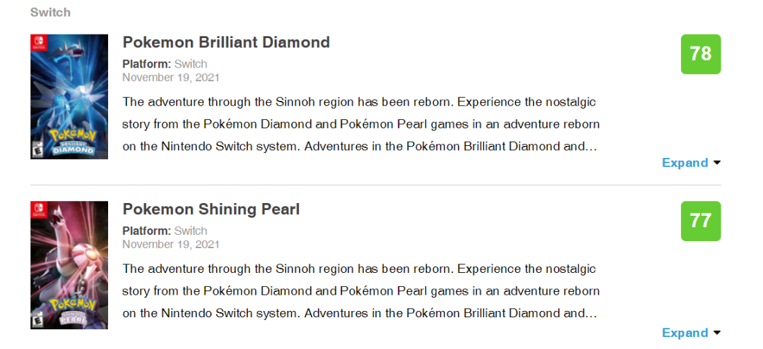 《寶可夢：晶燦鑽石/明亮珍珠》今日正式發售，媒體綜合分為78/77分