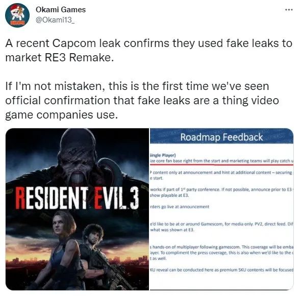 卡普空招數多，網曝其曾用假泄密宣傳《生化3重製版》