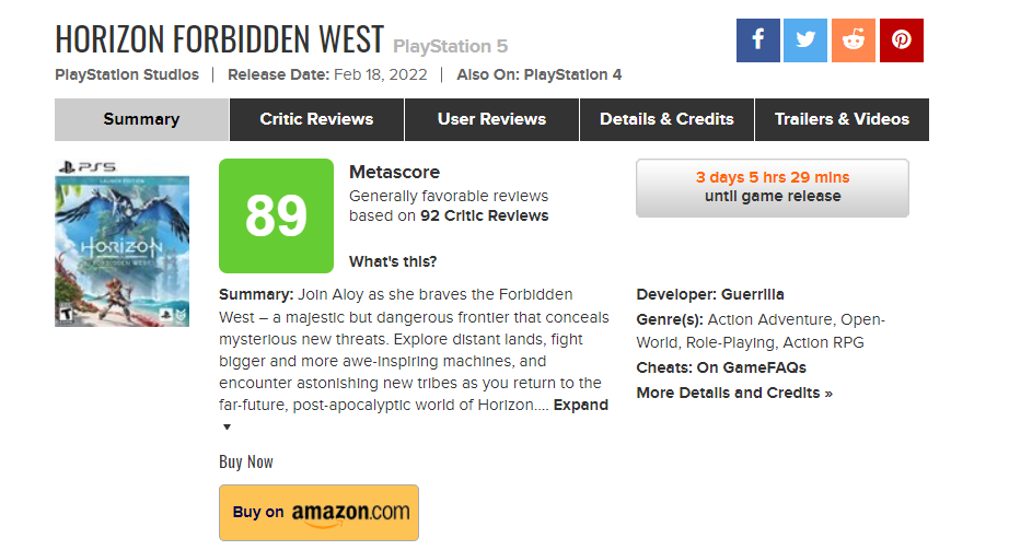 ​《地平線：西部禁域》評分今日出爐，媒體綜合評分89