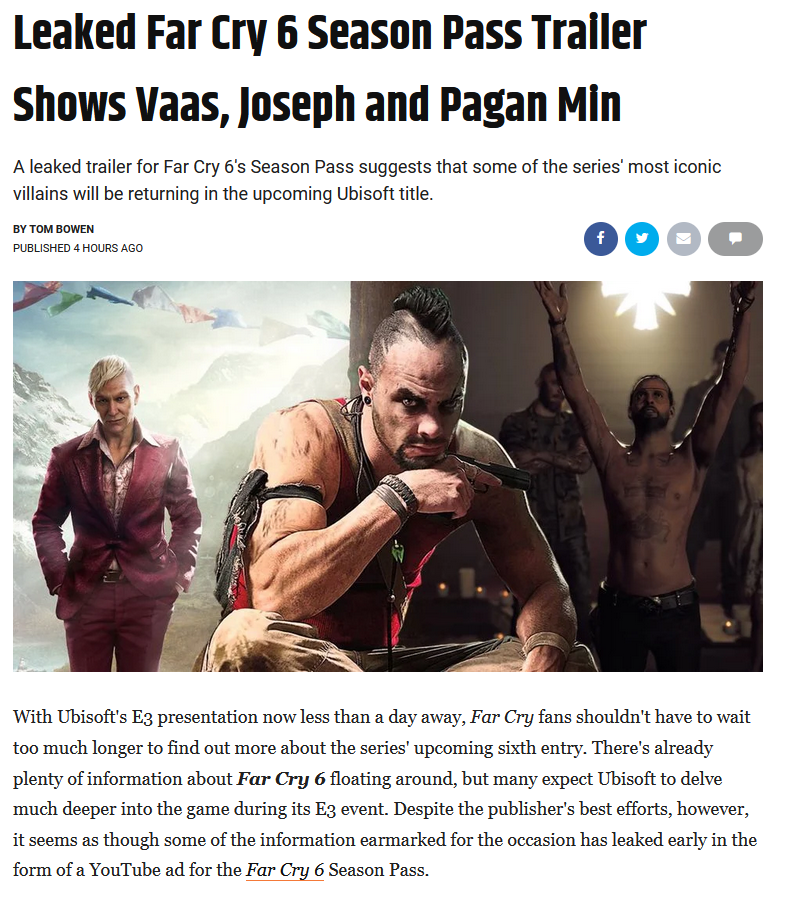 《孤島驚魂6》季票預告片泄露 可操作3、4、5代的反派