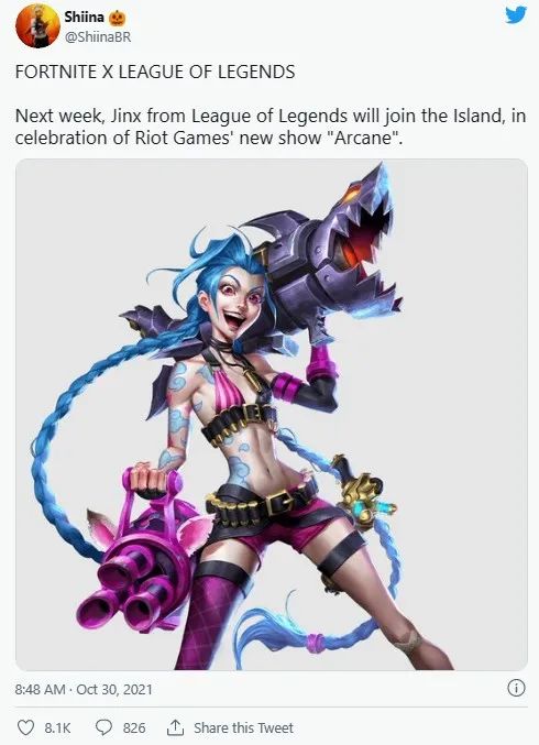 《英雄聯盟》金克絲將加入《堡壘之夜》！