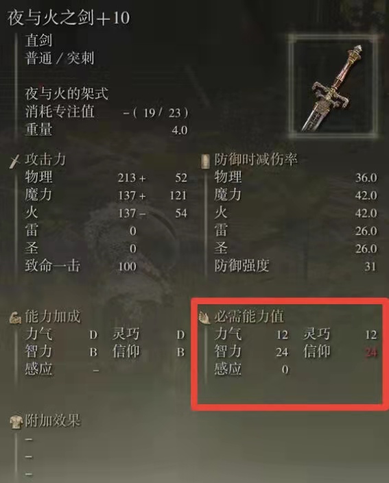 老頭環夜與火之劍佩戴需要什麼屬性點？