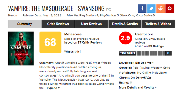 《吸血鬼：避世-絕唱》評分解禁 MC68分表現一般