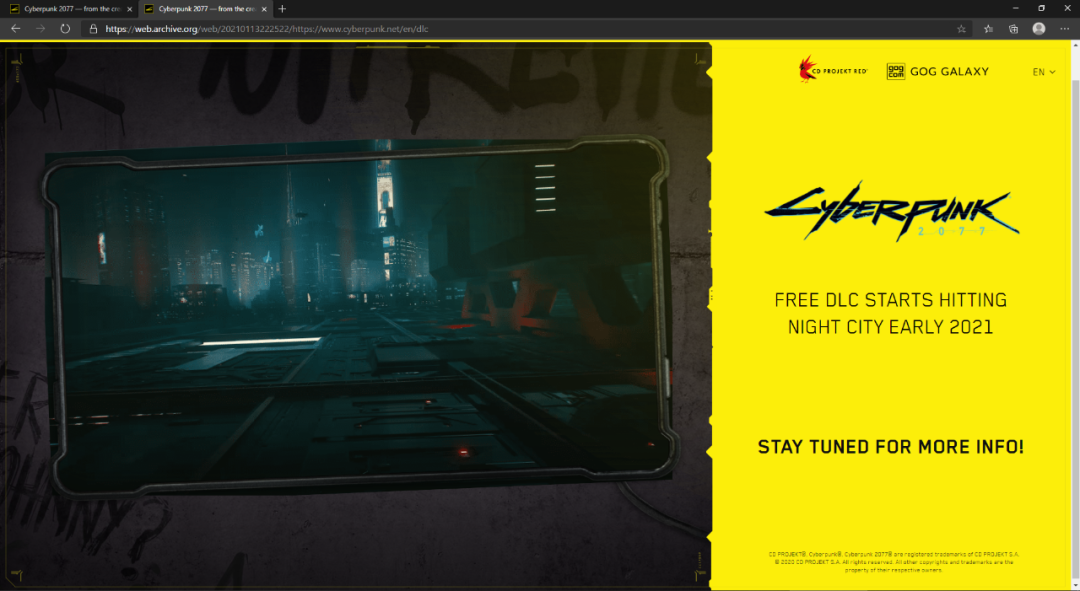 《賽博朋克2077》官網顯示免費DLC由年初改為幾個月後上線