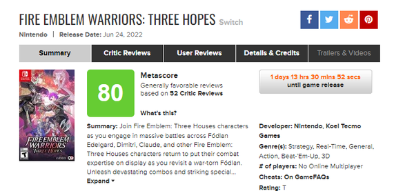 《火焰紋章無雙：風花雪月》媒體評分解禁 MC80