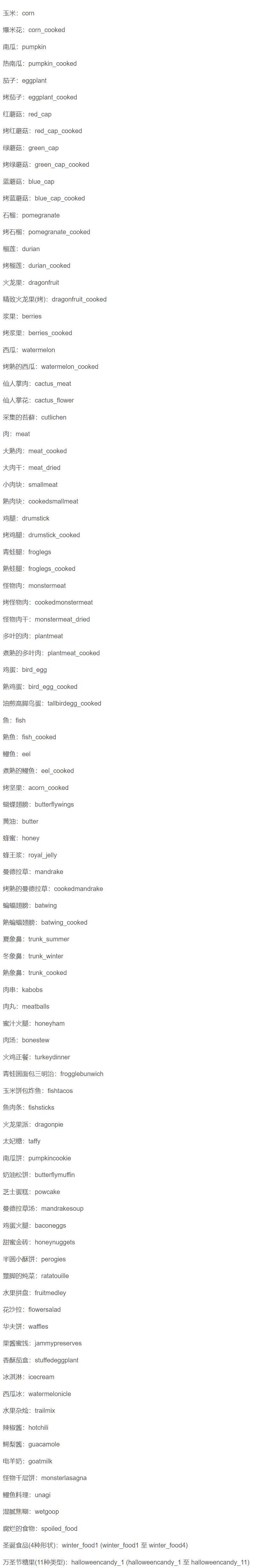 飢荒聯機版食物代碼是多少？