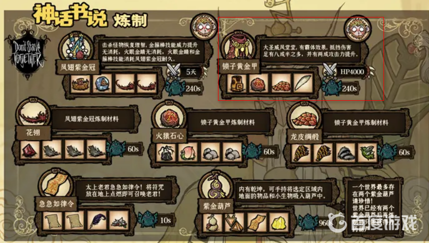 饑荒煉丹爐大聖鎖子甲配方是什麼？