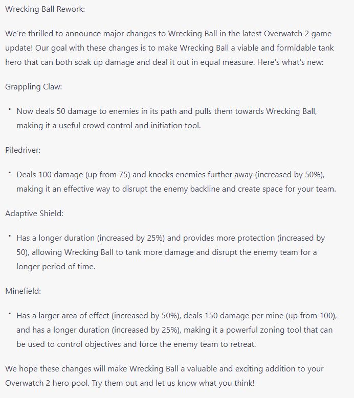 網紅人工智慧ChatGPT對《守望先鋒》破壞球提供了重做思路