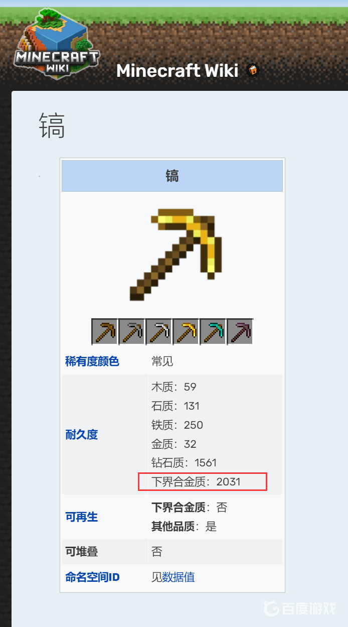 我的世界下界合金鎬的耐久度是多少？