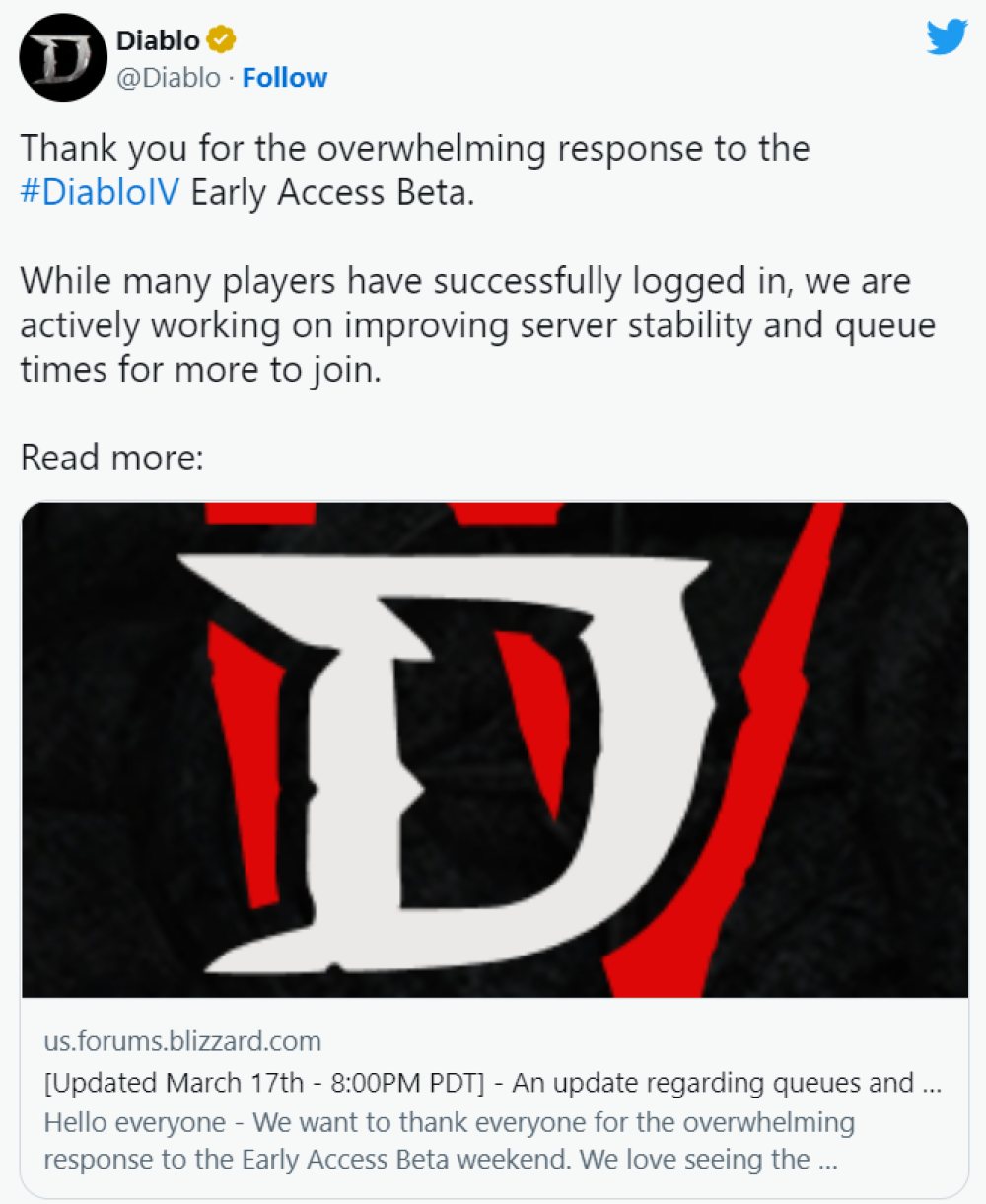 《暗黑破壞神4》搶先測試出現嚴重排隊問題，好在處理及時