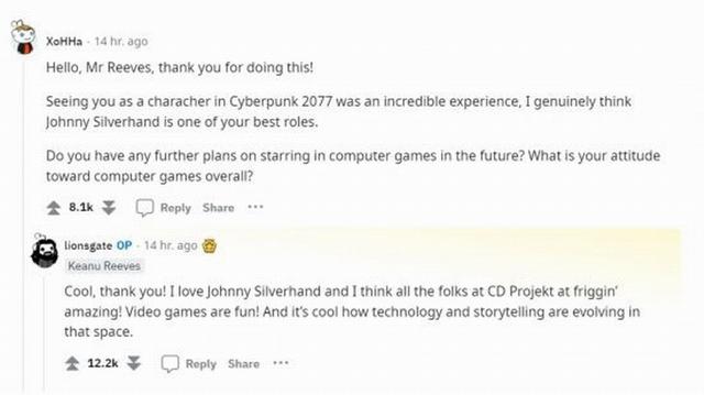 基努里維斯喜歡他扮演的《賽博朋克2077》角色