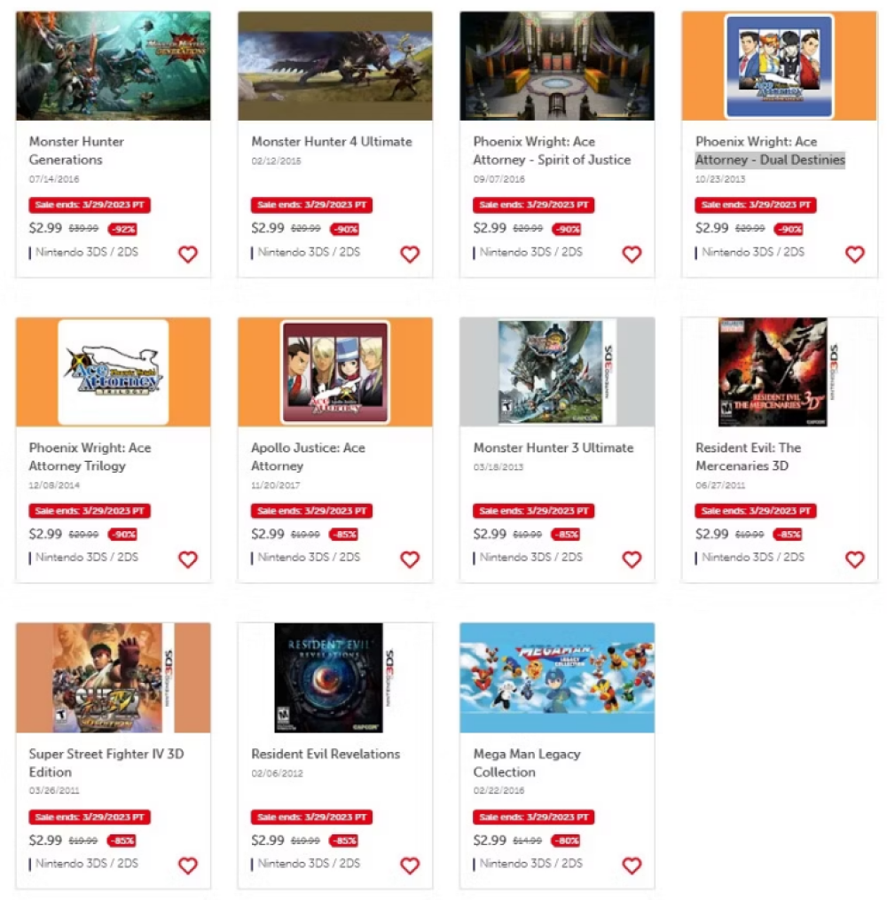 臨近3DS關服，卡普空大批數字遊戲打折，僅售2.99美元