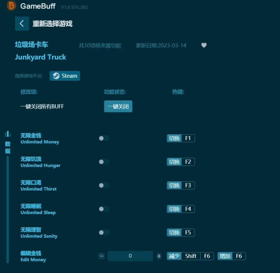 Junkyard Truck垃圾場卡車修改器十項內容下載，支援無限金錢、無限飢餓、無限口渴等
