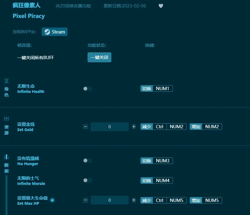 瘋狂像素人修改器20項修改功能，支持無限生命，設置金錢，設置最大生命值等